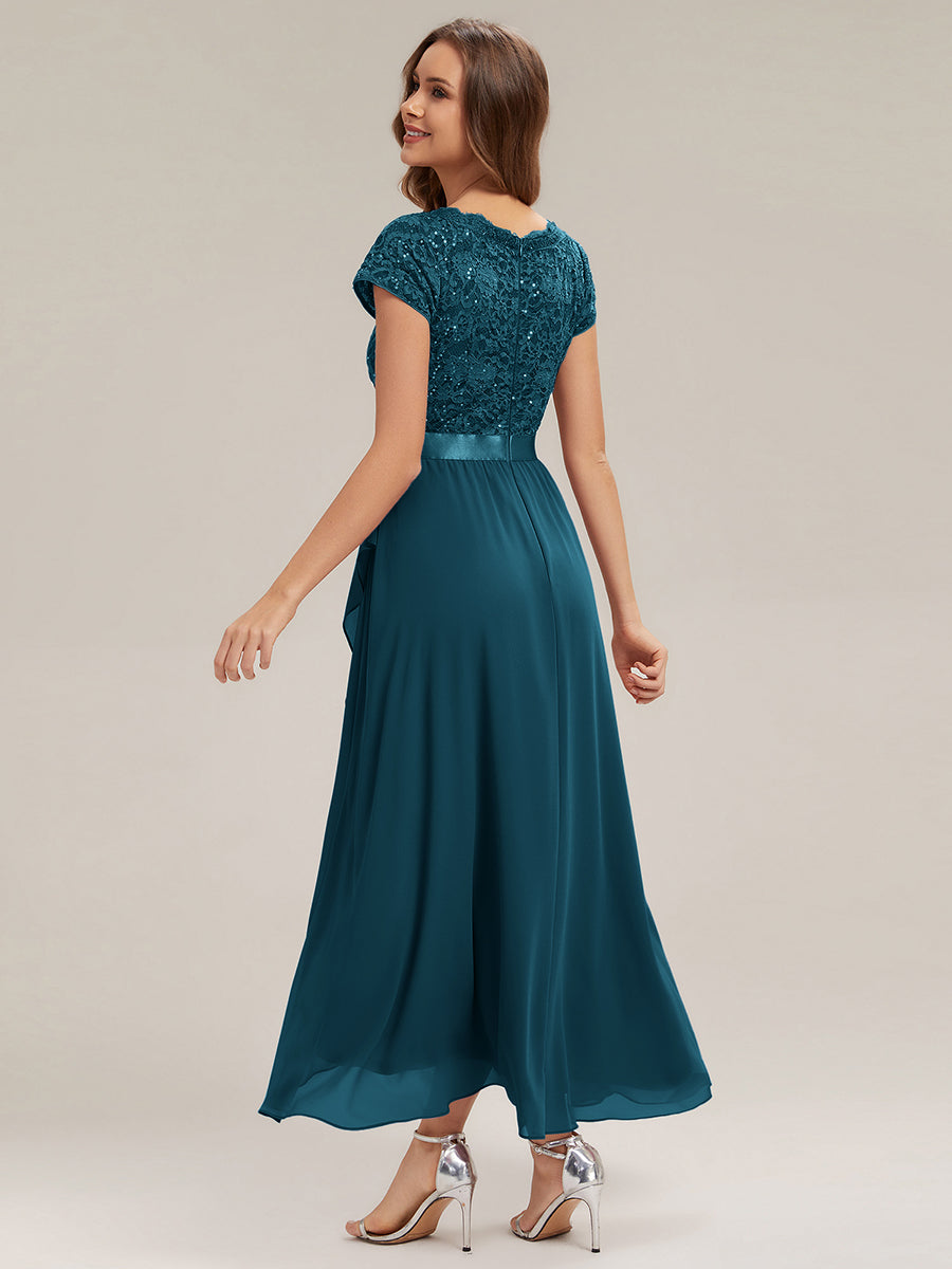 robe asymétrique à encolure en V profonde à manches courtes avec volants et patchwork à ourlet haut bas #Couleur_Bleu Sarcelle
