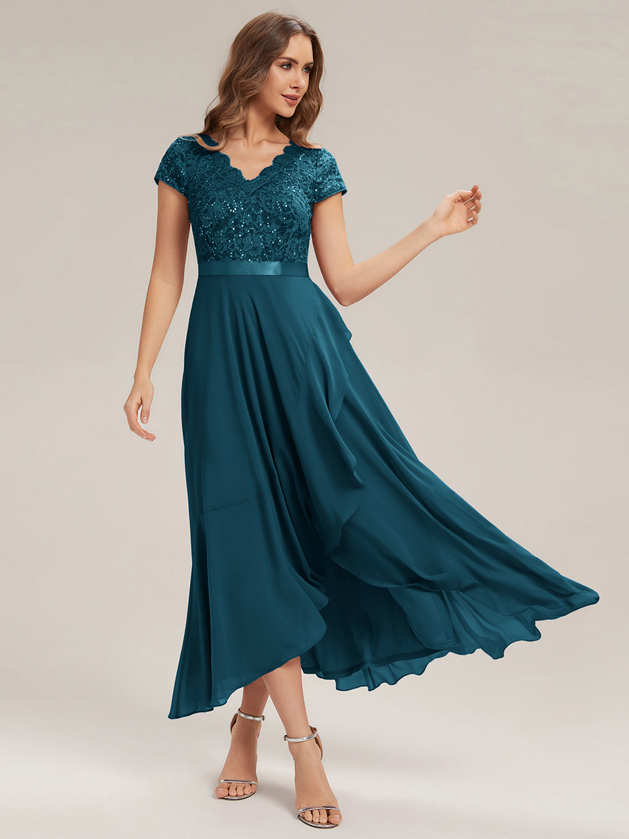 robe asymétrique à encolure en V profonde à manches courtes avec volants et patchwork à ourlet haut bas #Couleur_Bleu Sarcelle