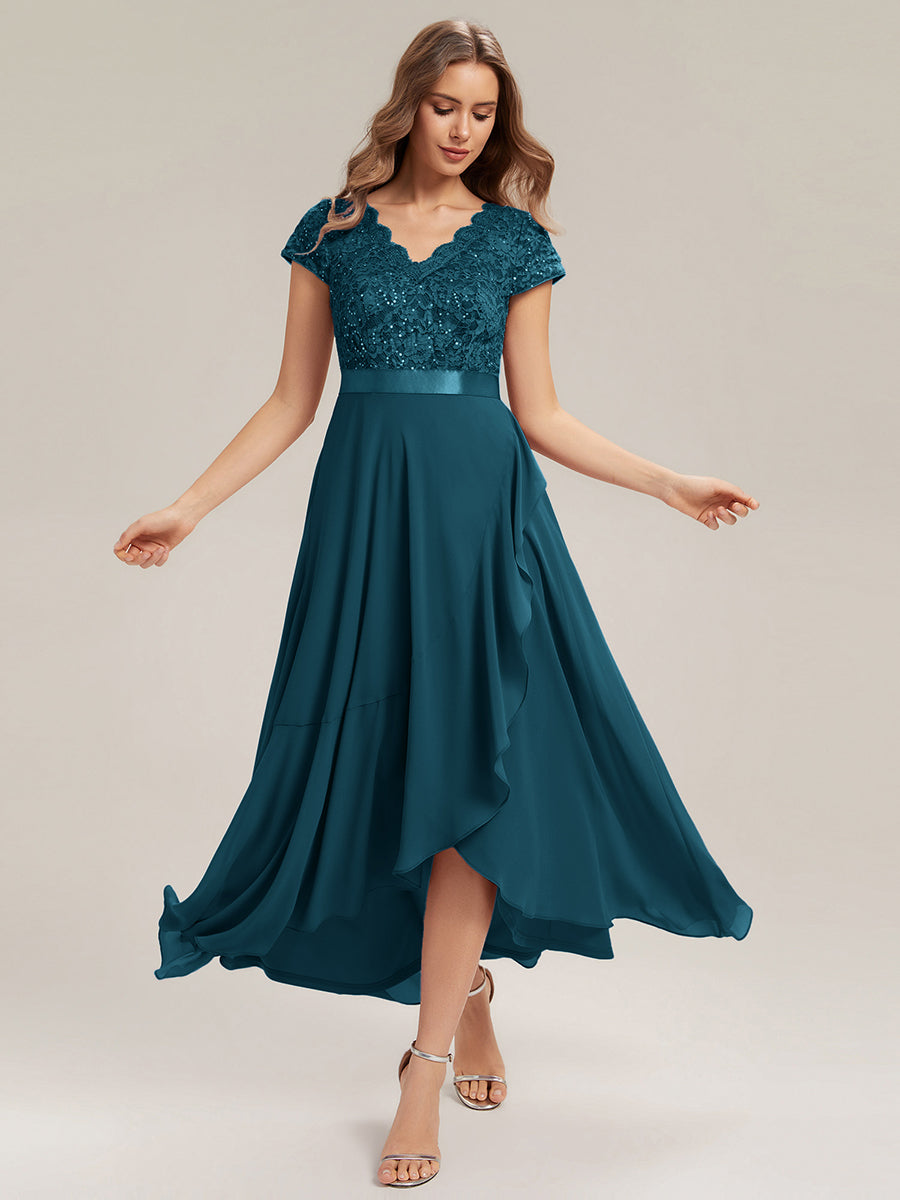 robe asymétrique à encolure en V profonde à manches courtes avec volants et patchwork à ourlet haut bas #Couleur_Bleu Sarcelle