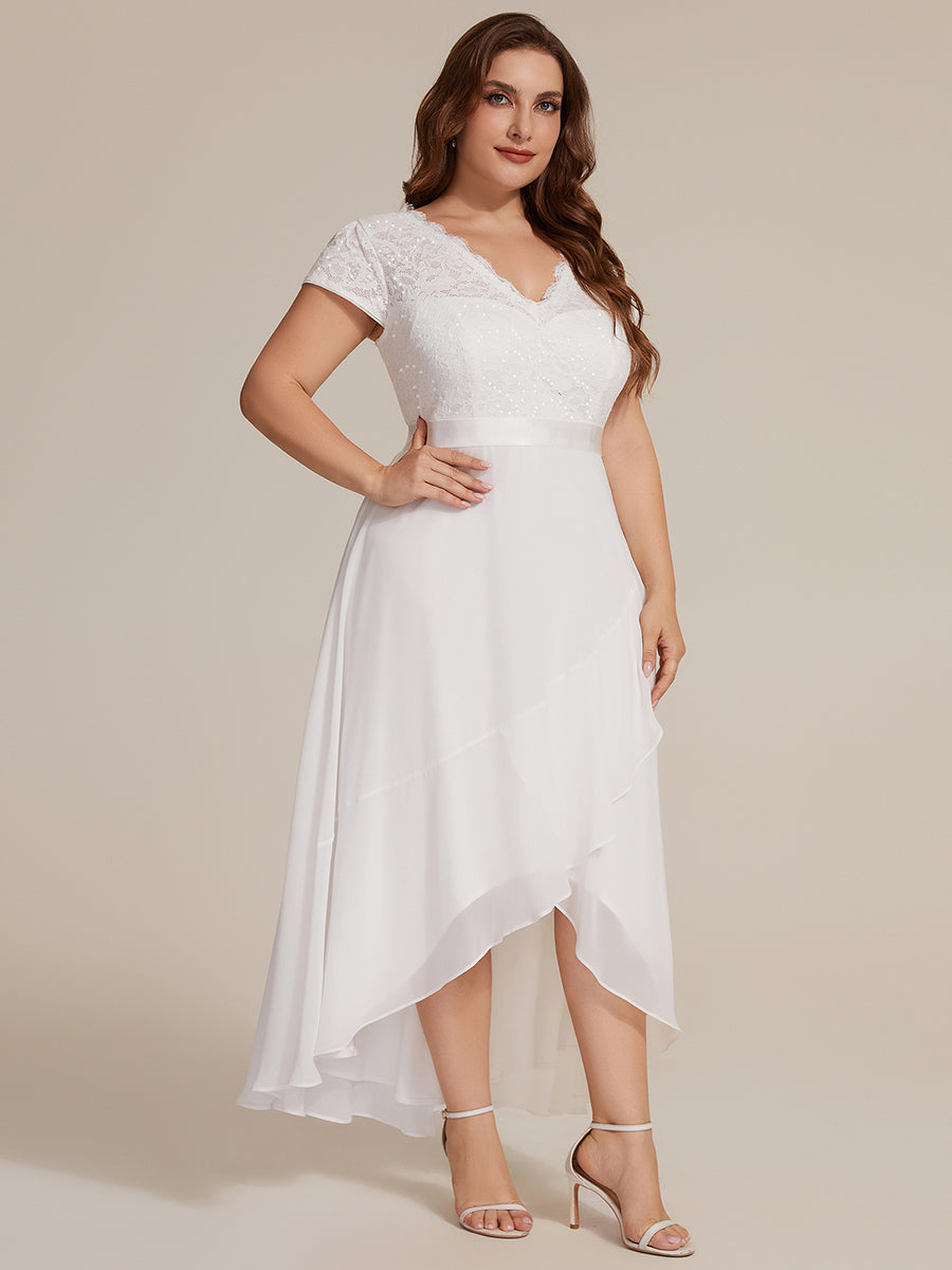 robe asymétrique à encolure en V profonde à manches courtes avec volants et patchwork à ourlet haut bas #Couleur_Blanc