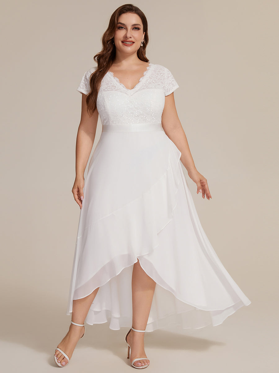 robe asymétrique à encolure en V profonde à manches courtes avec volants et patchwork à ourlet haut bas #Couleur_Blanc
