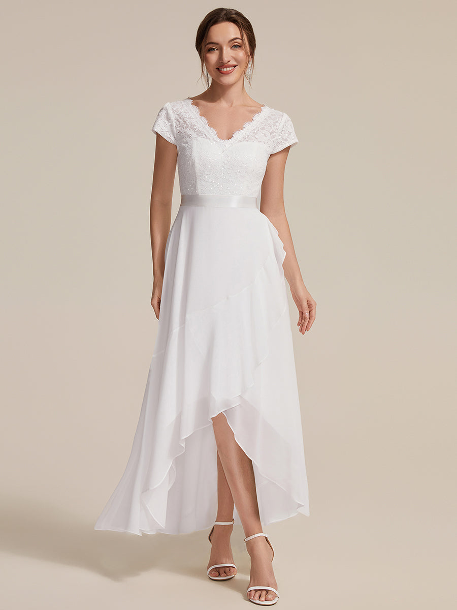 robe asymétrique à encolure en V profonde à manches courtes avec volants et patchwork à ourlet haut bas #Couleur_Blanc