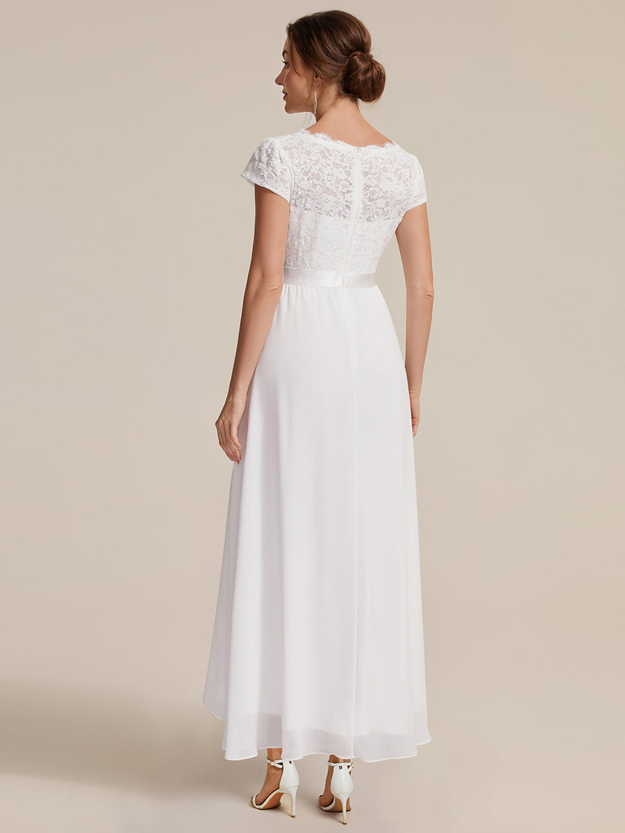 robe asymétrique à encolure en V profonde à manches courtes avec volants et patchwork à ourlet haut bas #Couleur_Blanc
