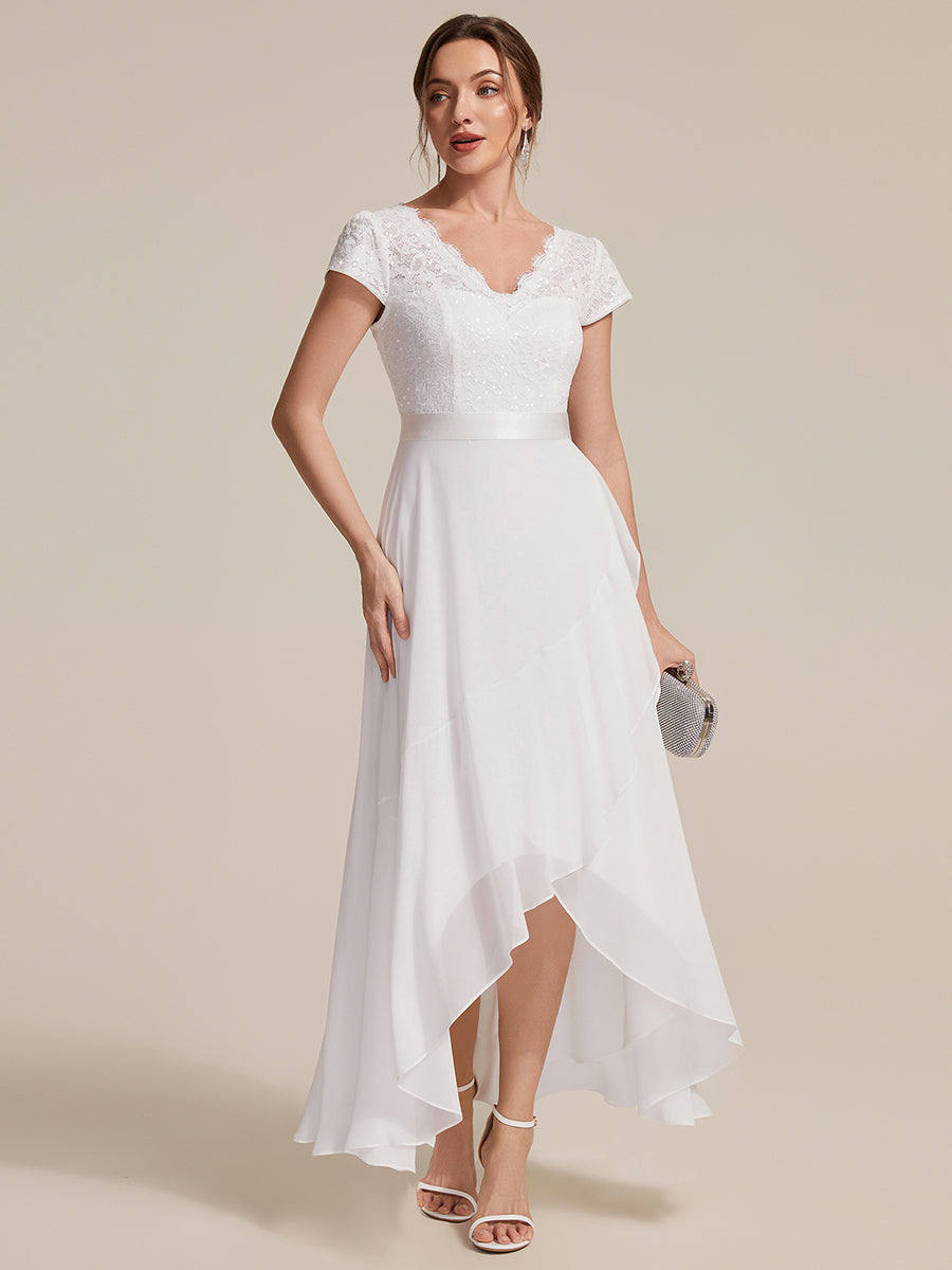 robe asymétrique à encolure en V profonde à manches courtes avec volants et patchwork à ourlet haut bas #Couleur_Blanc