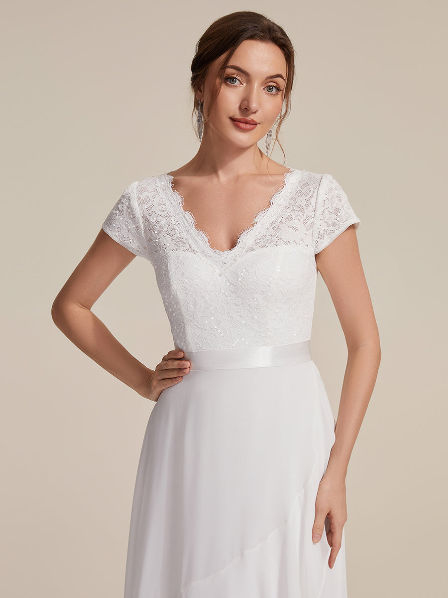 robe asymétrique à encolure en V profonde à manches courtes avec volants et patchwork à ourlet haut bas #Couleur_Blanc