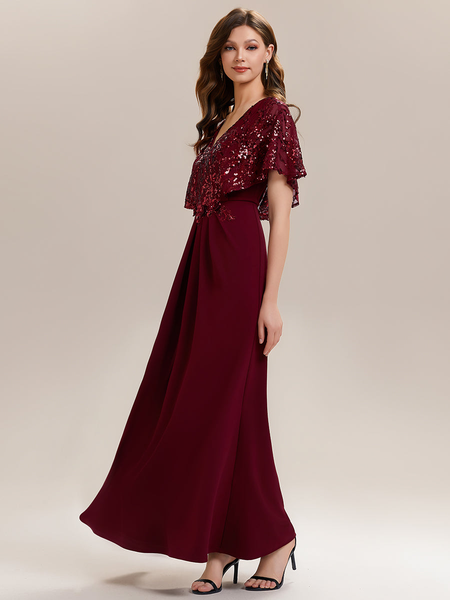 Robe longue sans manches en sequins style sirène décolleté en V #Couleur_Bordeaux