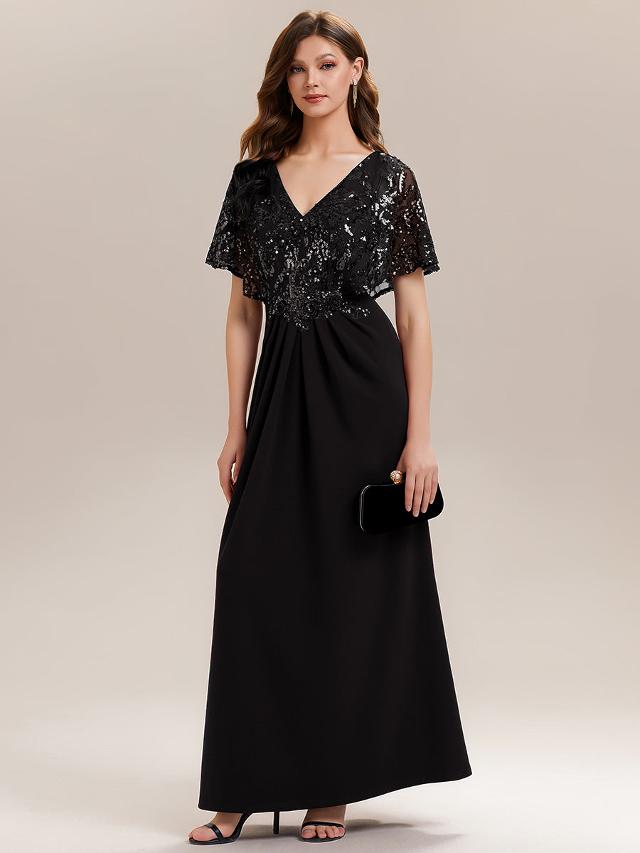Robe longue sans manches en sequins style sirène décolleté en V #Couleur_Noir