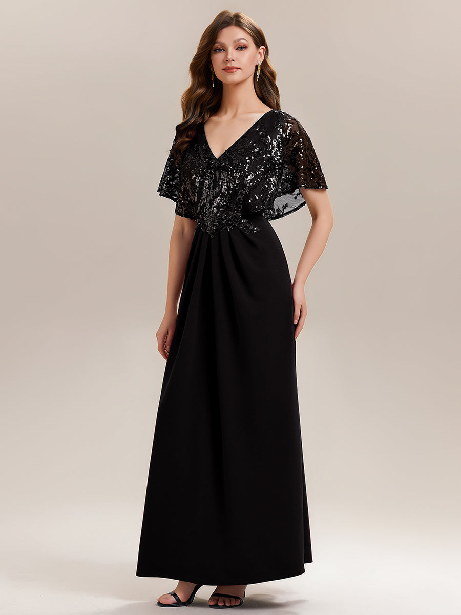 Robe longue sans manches en sequins style sirène décolleté en V #Couleur_Noir
