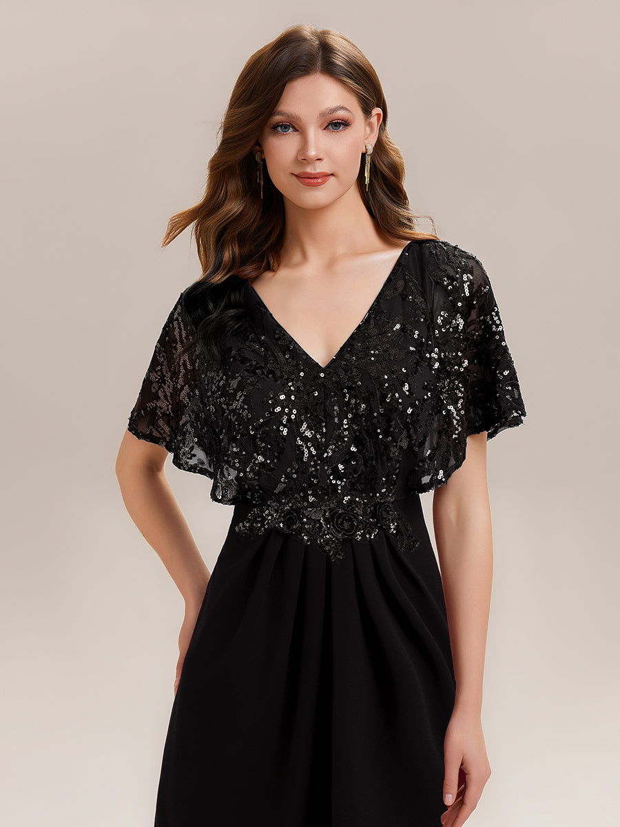 Robe longue sans manches en sequins style sirène décolleté en V #Couleur_Noir