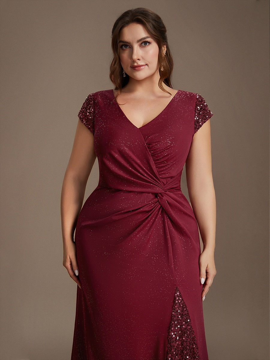 Robe moulante à manches courtes en stretch élevé avec décolleté en V noué et détails en sequins #Couleur_Bordeaux