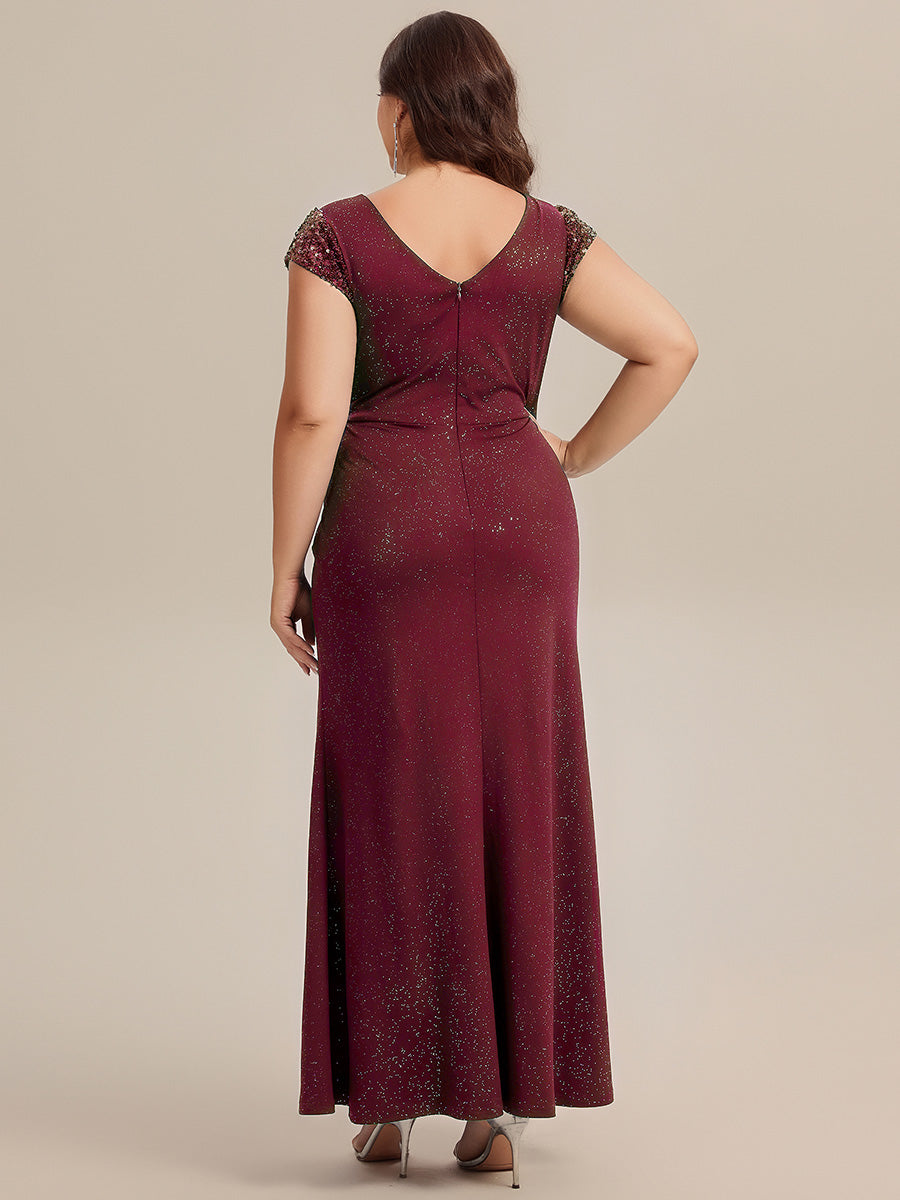 Robe moulante à manches courtes en stretch élevé avec décolleté en V noué et détails en sequins #Couleur_Bordeaux