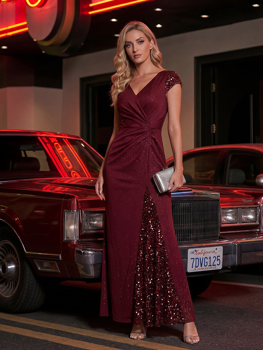 Robe moulante à manches courtes en stretch élevé avec décolleté en V noué et détails en sequins #Couleur_Bordeaux
