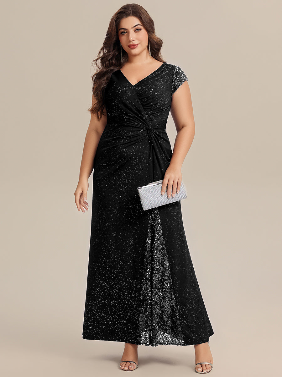 Robe moulante à manches courtes en stretch élevé avec décolleté en V noué et détails en sequins #Couleur_Noir