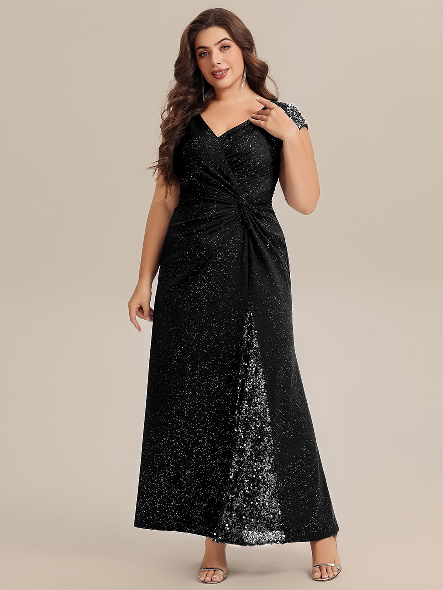 Robe moulante à manches courtes en stretch élevé avec décolleté en V noué et détails en sequins #Couleur_Noir