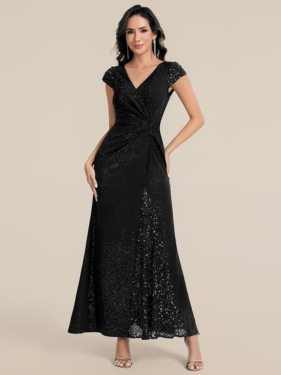 ever KAIA|Robe Moulante Stretch à Manches Courtes Col V Noué avec Sequins