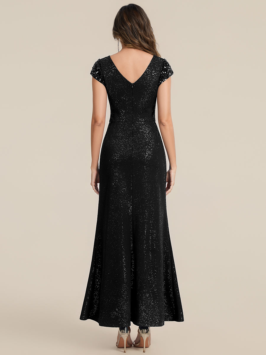 Robe moulante à manches courtes en stretch élevé avec décolleté en V noué et détails en sequins #Couleur_Noir
