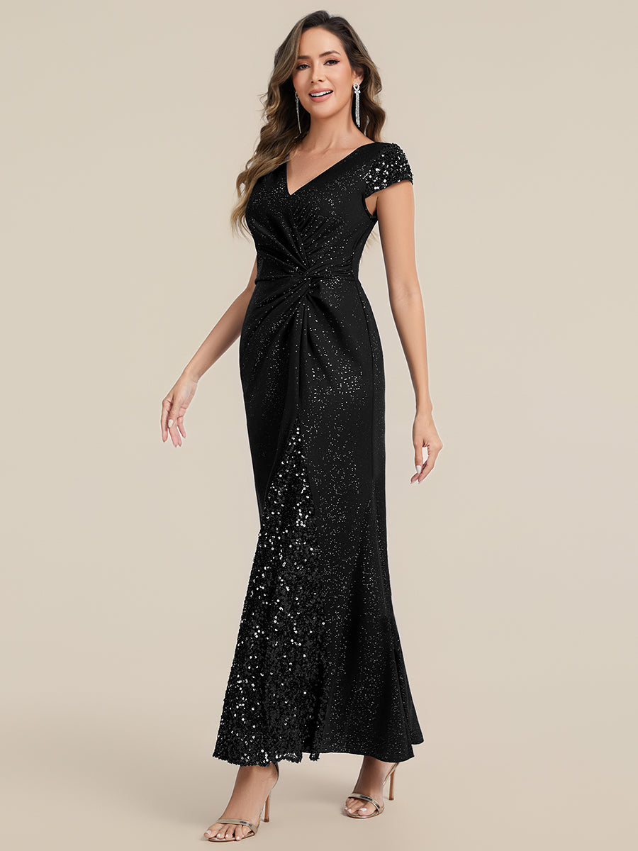 Robe moulante à manches courtes en stretch élevé avec décolleté en V noué et détails en sequins #Couleur_Noir