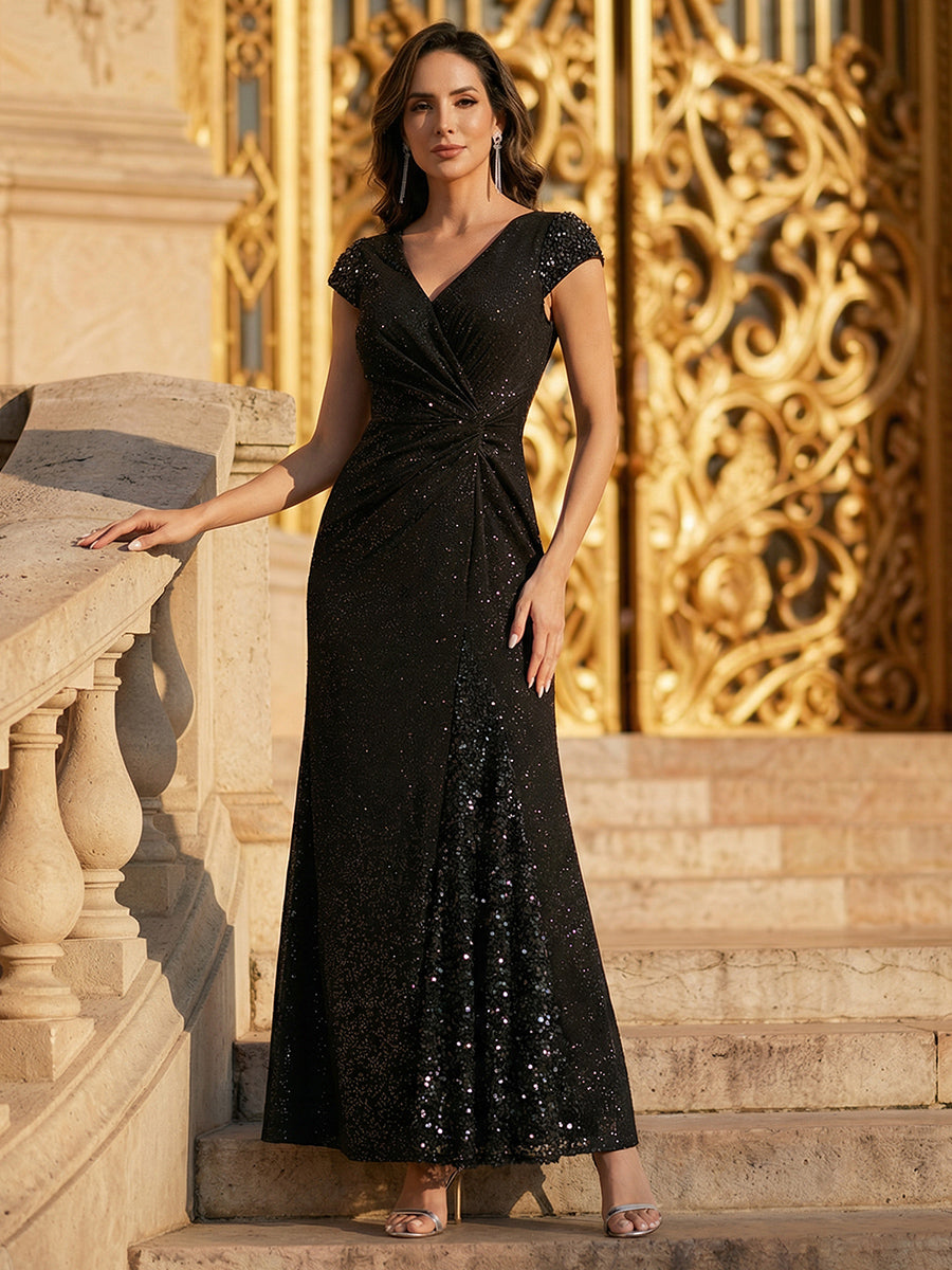 Robe moulante à manches courtes en stretch élevé avec décolleté en V noué et détails en sequins #Couleur_Noir