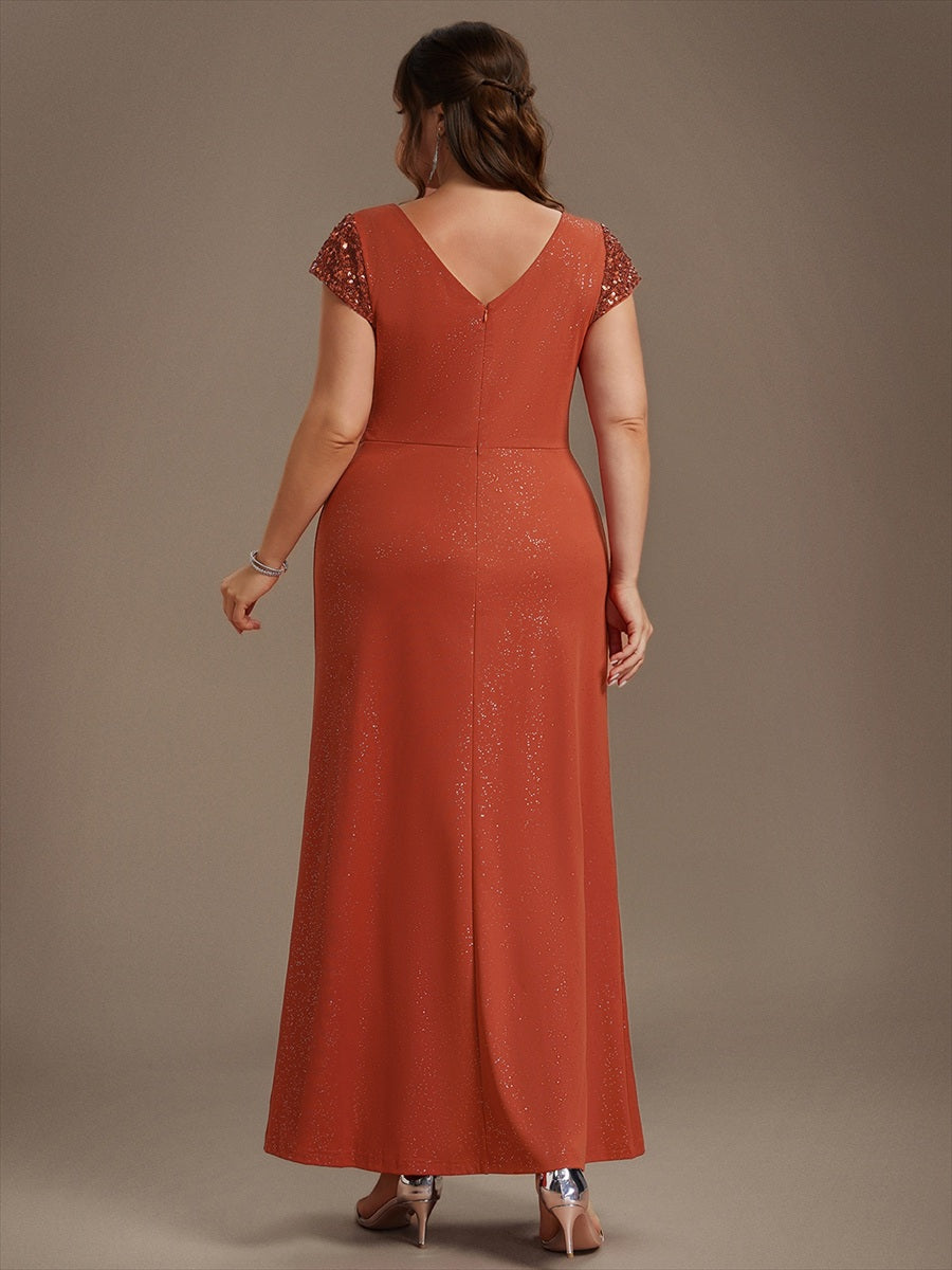 Robe moulante à manches courtes en stretch élevé avec décolleté en V noué et détails en sequins #Couleur_Burnt Orange