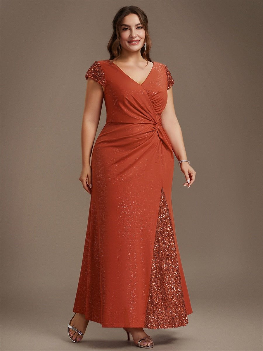 Robe moulante à manches courtes en stretch élevé avec décolleté en V noué et détails en sequins #Couleur_Burnt Orange