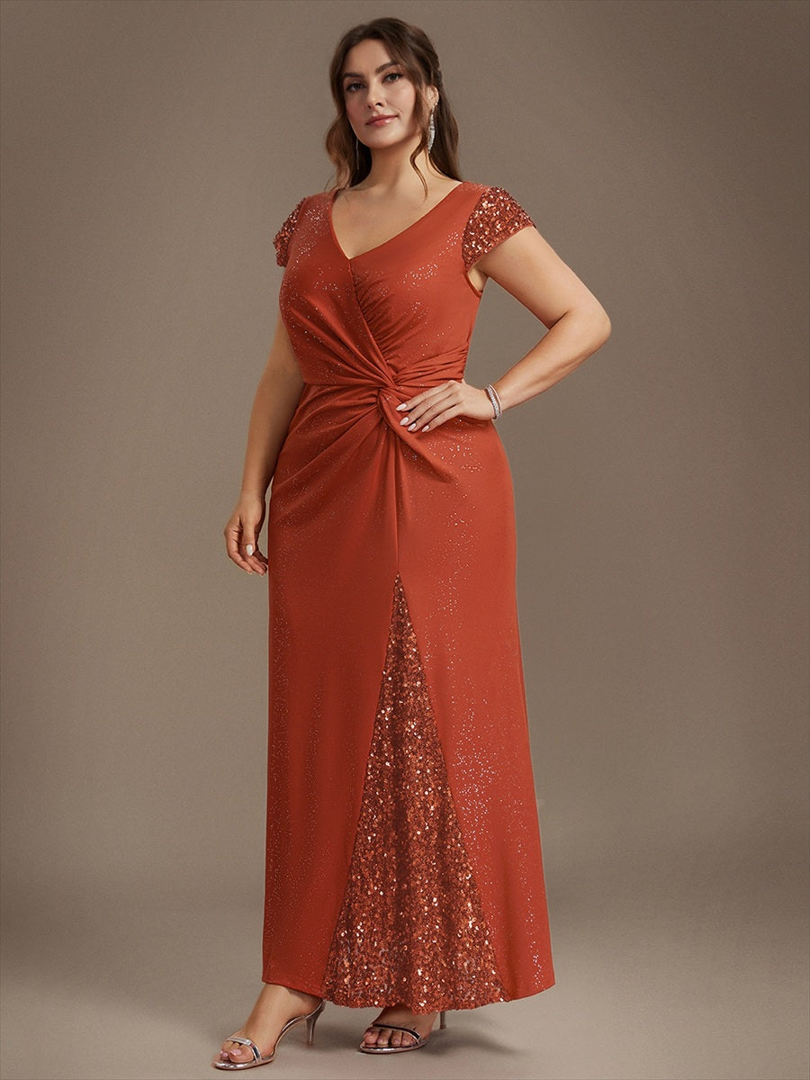 Robe moulante à manches courtes en stretch élevé avec décolleté en V noué et détails en sequins #Couleur_Burnt Orange