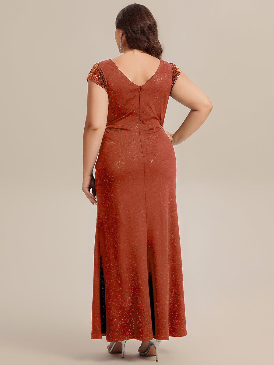 Robe moulante à manches courtes en stretch élevé avec décolleté en V noué et détails en sequins #Couleur_Burnt Orange