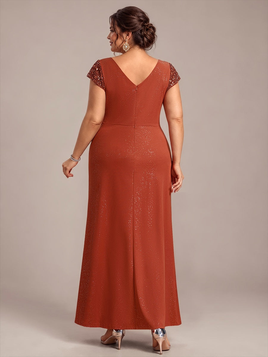 Robe moulante à manches courtes en stretch élevé avec décolleté en V noué et détails en sequins #Couleur_Burnt Orange