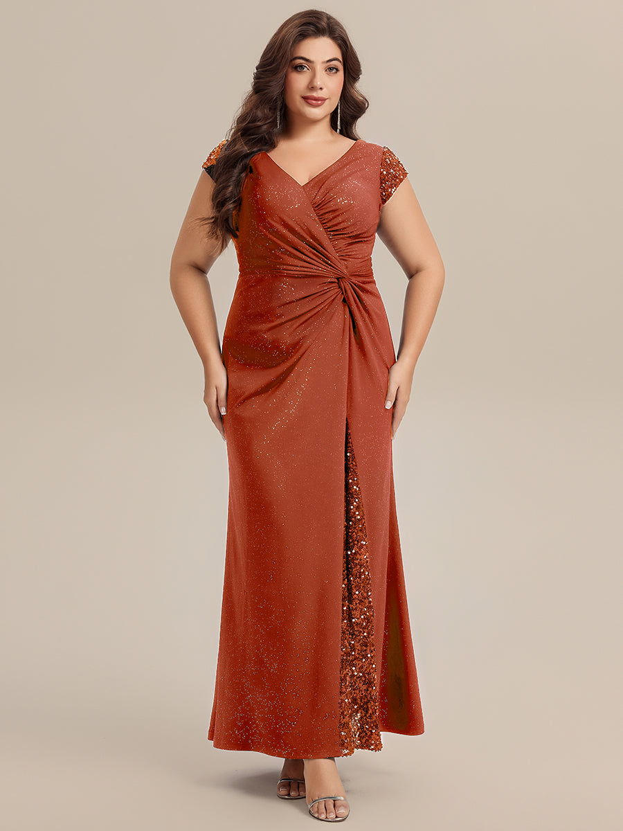 Robe moulante à manches courtes en stretch élevé avec décolleté en V noué et détails en sequins #Couleur_Burnt Orange
