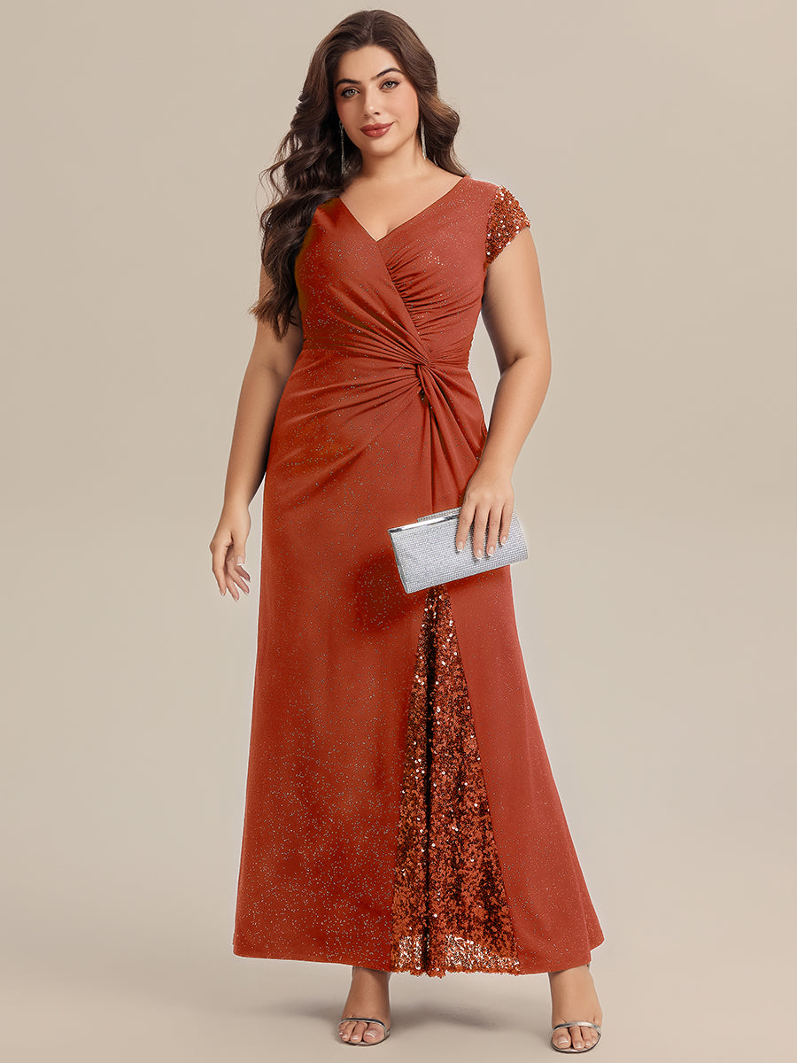 Robe moulante à manches courtes en stretch élevé avec décolleté en V noué et détails en sequins #Couleur_Burnt Orange
