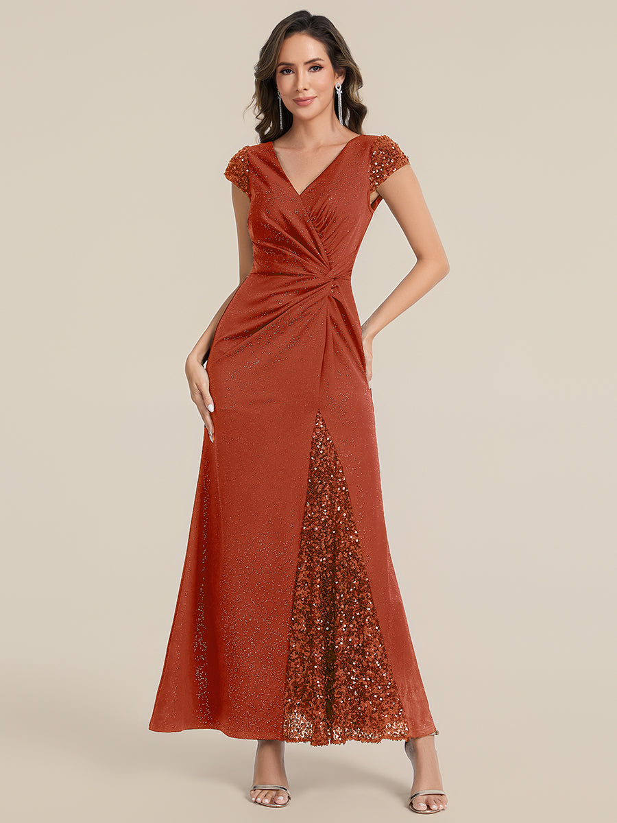 Robe moulante à manches courtes en stretch élevé avec décolleté en V noué et détails en sequins #Couleur_Burnt Orange