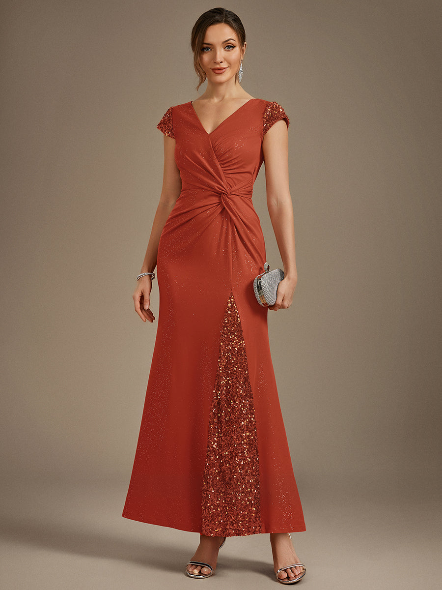 Robe moulante à manches courtes en stretch élevé avec décolleté en V noué et détails en sequins #Couleur_Burnt Orange
