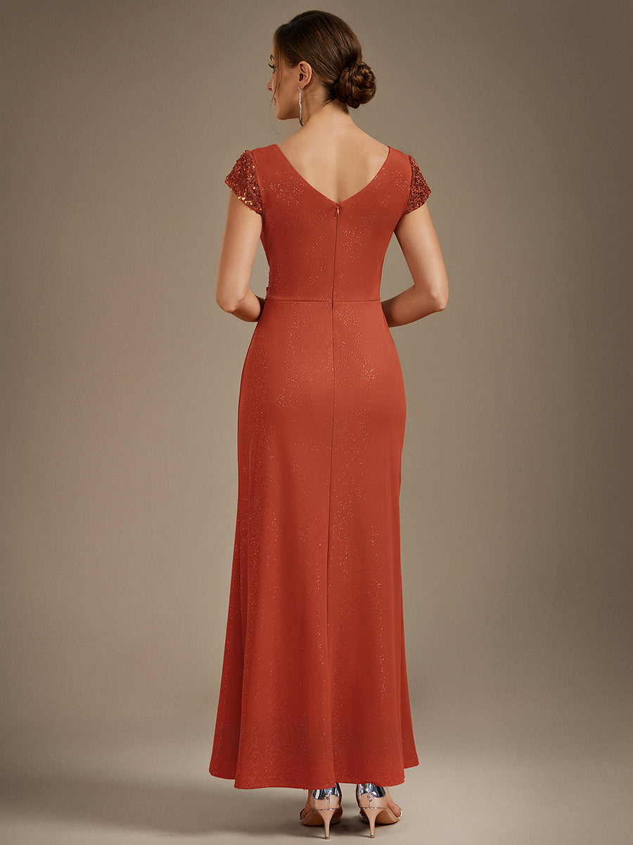 Robe moulante à manches courtes en stretch élevé avec décolleté en V noué et détails en sequins #Couleur_Burnt Orange
