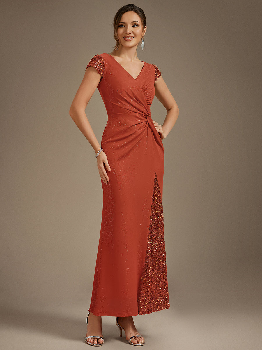 Robe moulante à manches courtes en stretch élevé avec décolleté en V noué et détails en sequins #Couleur_Burnt Orange
