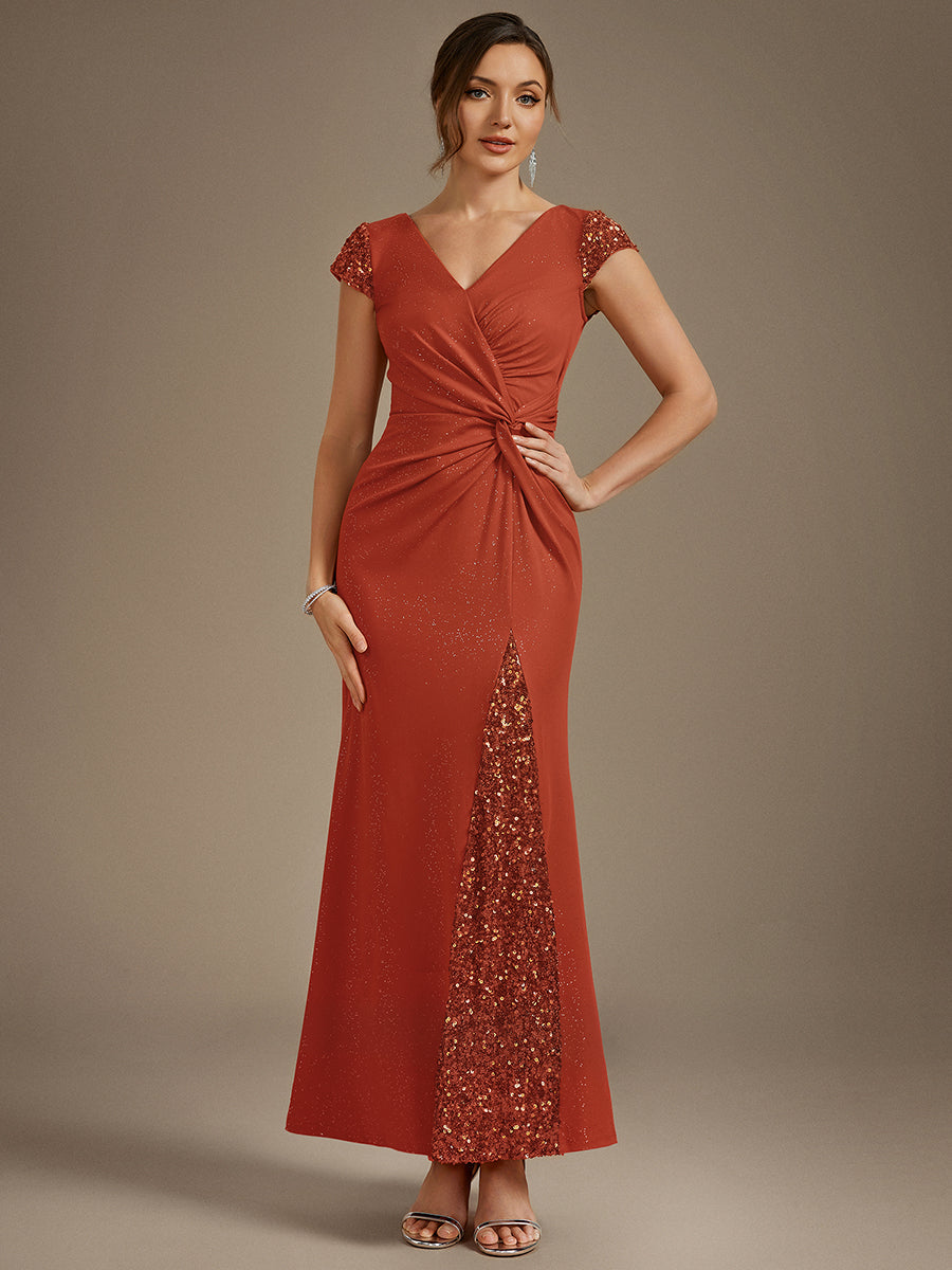 Robe moulante à manches courtes en stretch élevé avec décolleté en V noué et détails en sequins #Couleur_Burnt Orange