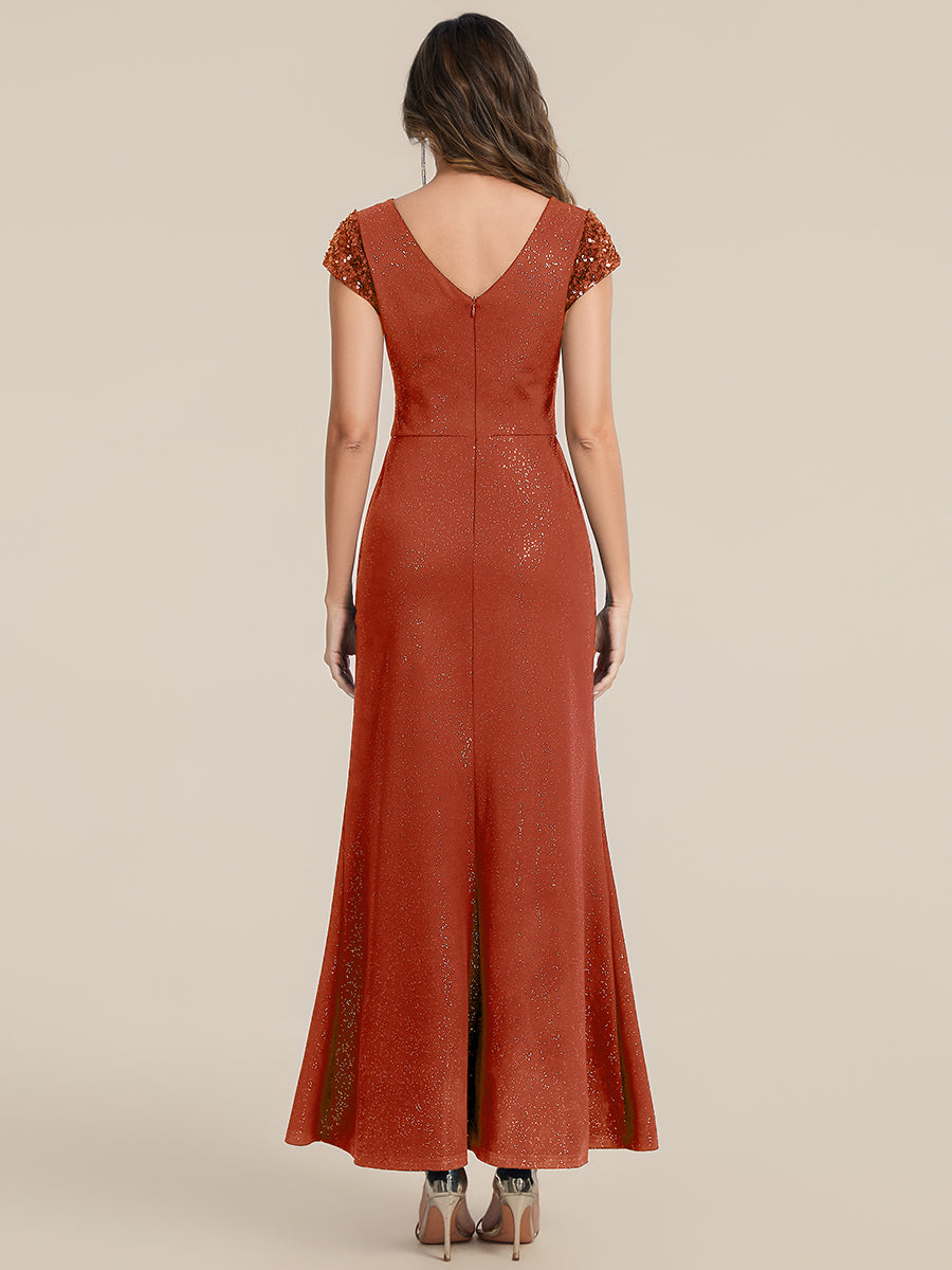 Robe moulante à manches courtes en stretch élevé avec décolleté en V noué et détails en sequins #Couleur_Burnt Orange