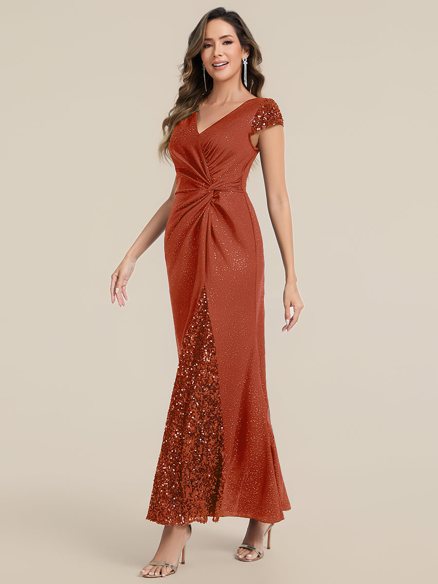 Robe moulante à manches courtes en stretch élevé avec décolleté en V noué et détails en sequins #Couleur_Burnt Orange