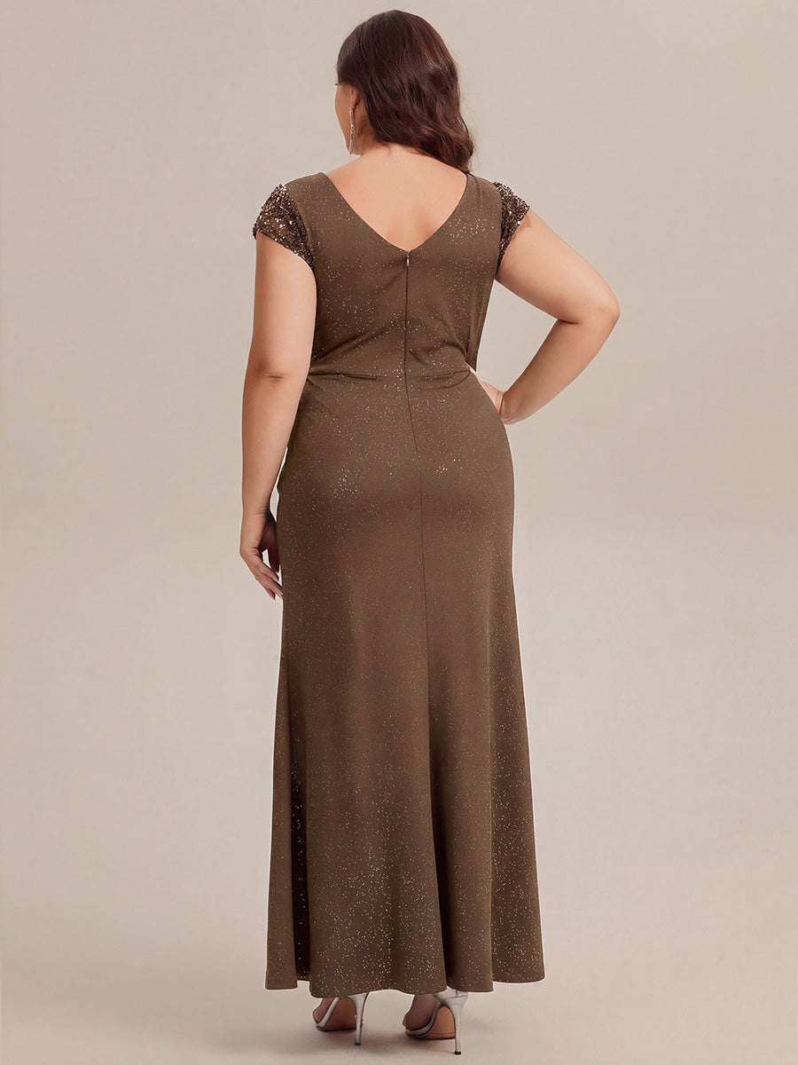 Robe moulante à manches courtes en stretch élevé avec décolleté en V noué et détails en sequins #Couleur_Café