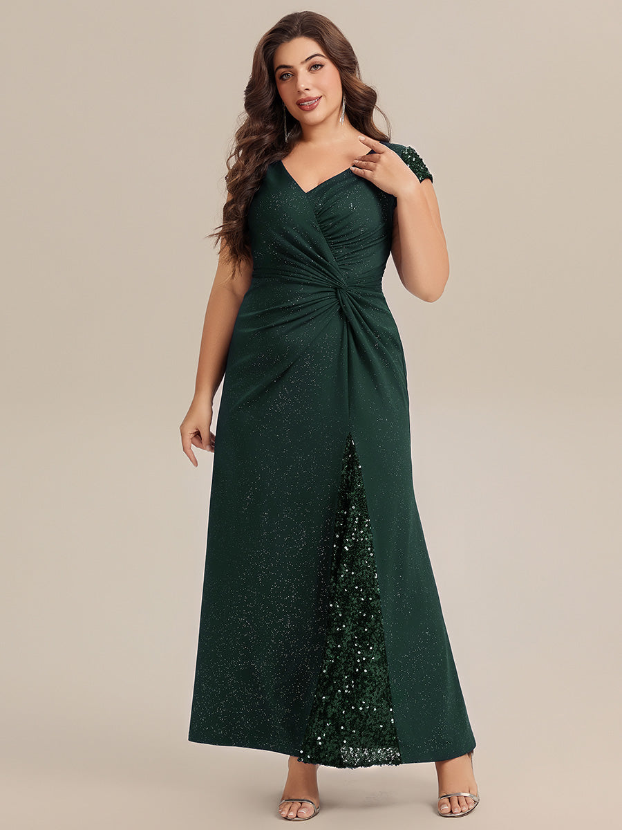 Robe moulante à manches courtes en stretch élevé avec décolleté en V noué et détails en sequins #Couleur_Vert Fonce