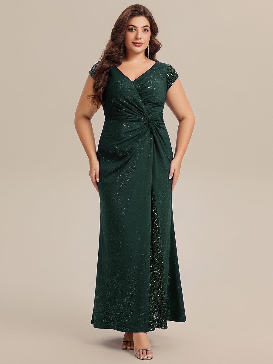 Robe moulante à manches courtes en stretch élevé avec décolleté en V noué et détails en sequins #Couleur_Vert Fonce