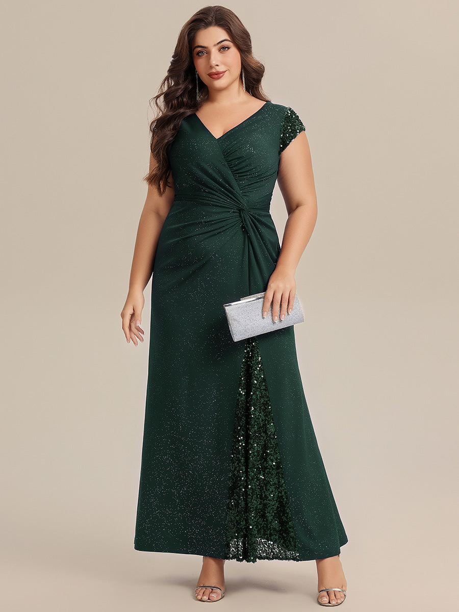 Robe moulante à manches courtes en stretch élevé avec décolleté en V noué et détails en sequins #Couleur_Vert Fonce