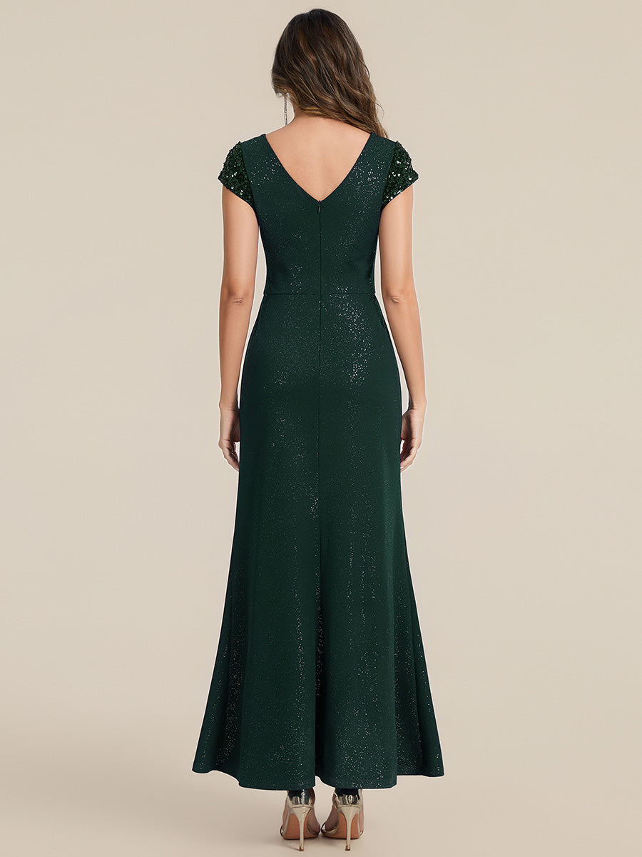 Robe moulante à manches courtes en stretch élevé avec décolleté en V noué et détails en sequins #Couleur_Vert Fonce