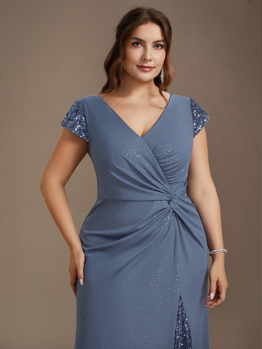 Robe moulante à manches courtes en stretch élevé avec décolleté en V noué et détails en sequins #Couleur_Marine Fume