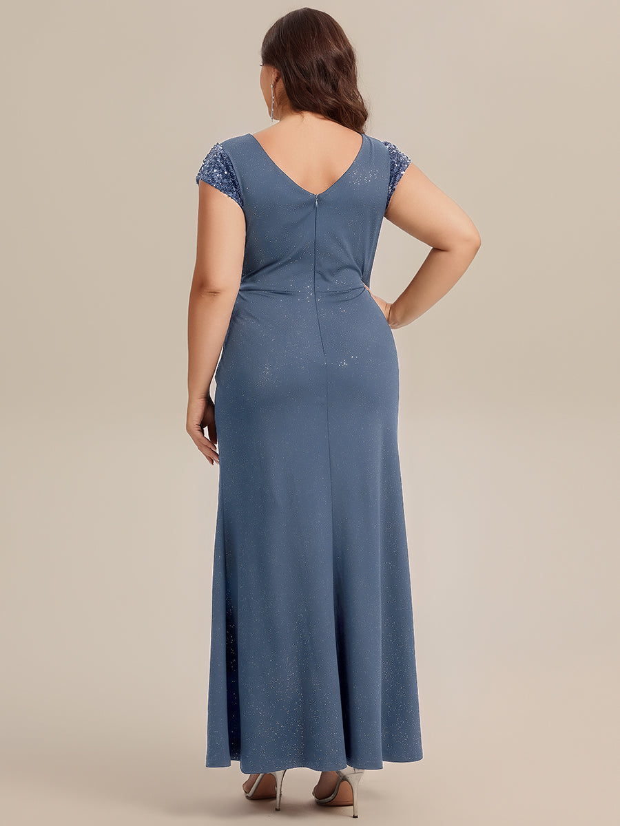 Robe moulante à manches courtes en stretch élevé avec décolleté en V noué et détails en sequins #Couleur_Marine Fume