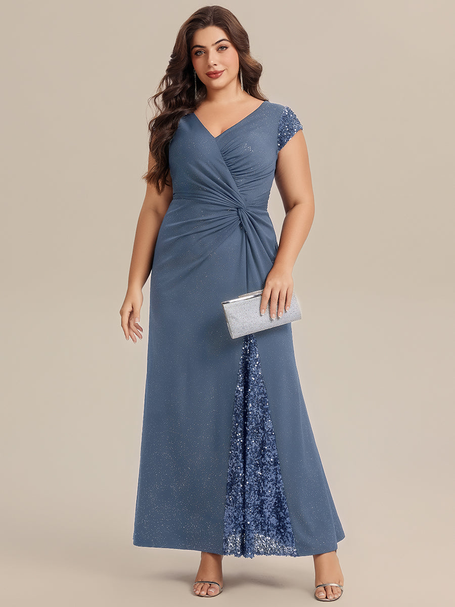 Robe moulante à manches courtes en stretch élevé avec décolleté en V noué et détails en sequins #Couleur_Marine Fume