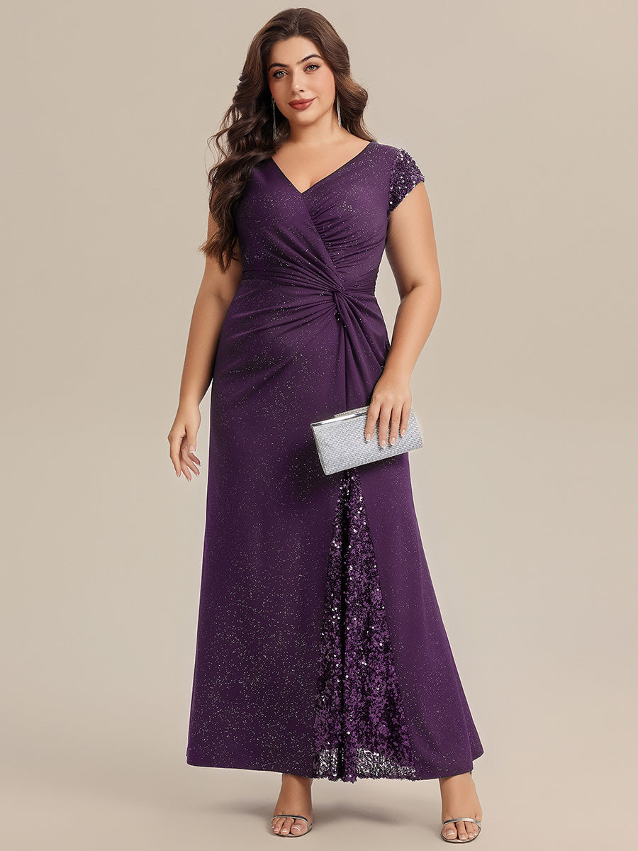 Robe moulante à manches courtes en stretch élevé avec décolleté en V noué et détails en sequins #Couleur_Violet Fonce
