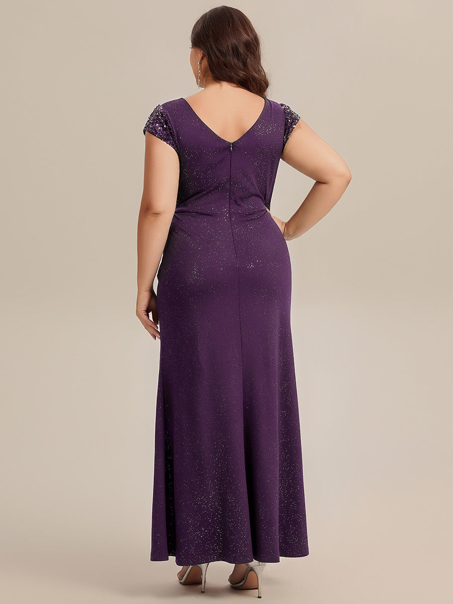 Robe moulante à manches courtes en stretch élevé avec décolleté en V noué et détails en sequins #Couleur_Violet Fonce