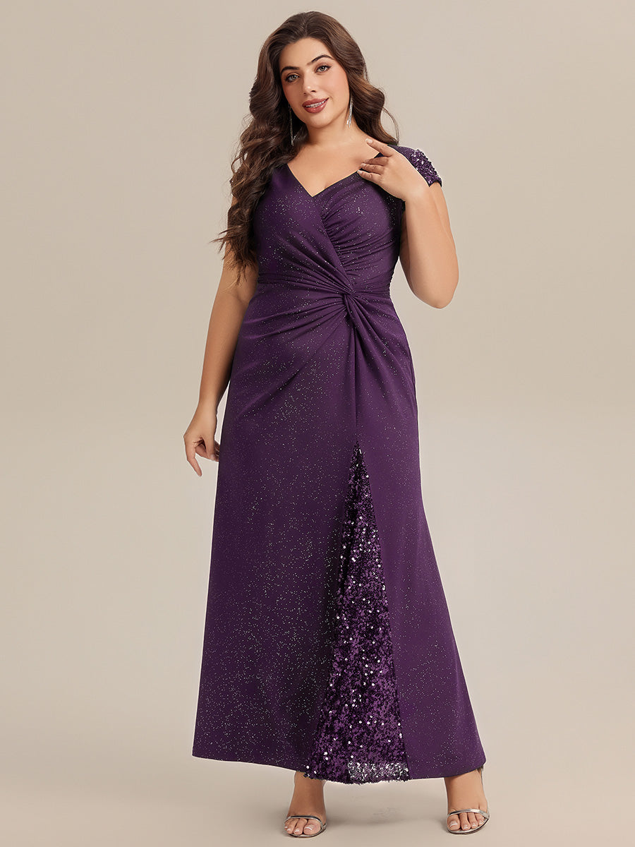 Robe moulante à manches courtes en stretch élevé avec décolleté en V noué et détails en sequins #Couleur_Violet Fonce