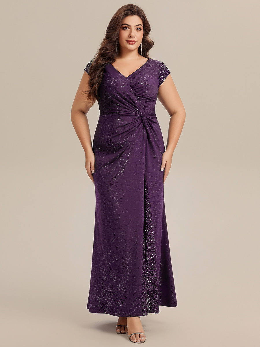 Robe moulante à manches courtes en stretch élevé avec décolleté en V noué et détails en sequins #Couleur_Violet Fonce