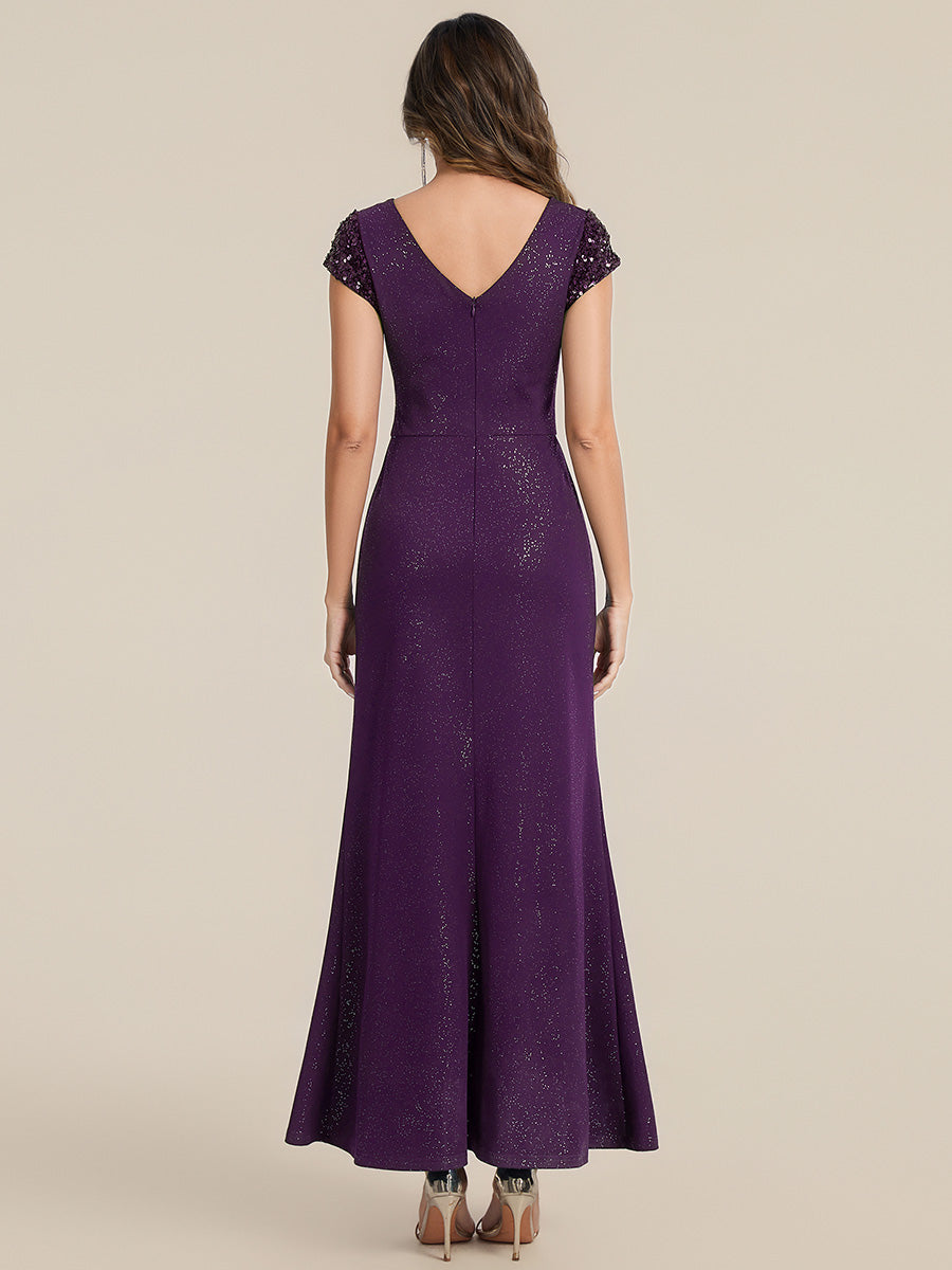 Robe moulante à manches courtes en stretch élevé avec décolleté en V noué et détails en sequins #Couleur_Violet Fonce