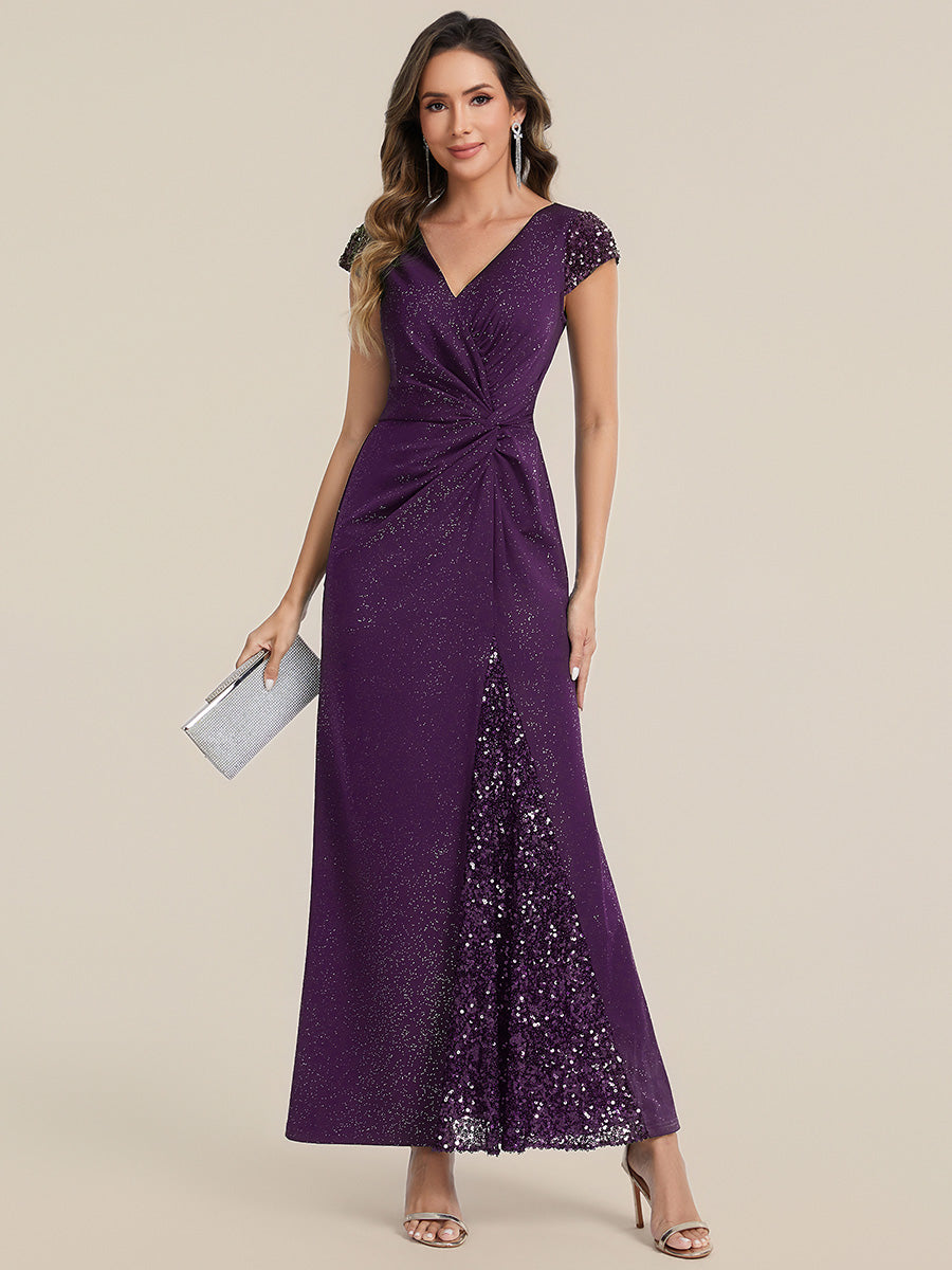 Robe moulante à manches courtes en stretch élevé avec décolleté en V noué et détails en sequins #Couleur_Violet Fonce
